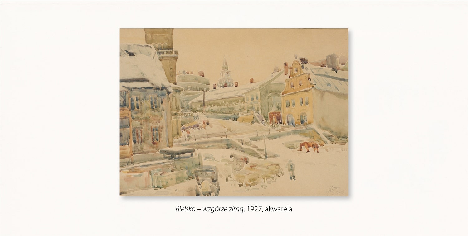 Bielsko-Wzgórze zimą, 1927 r., kompozycja horyzontalna przedstawia fragment placu B.Chrobrego i ulicy Wzgórze w zimowy dzień. Niebo zaciągnięte jest chmurami, śnieg przykrywa plac, ulice i dachy budynków.